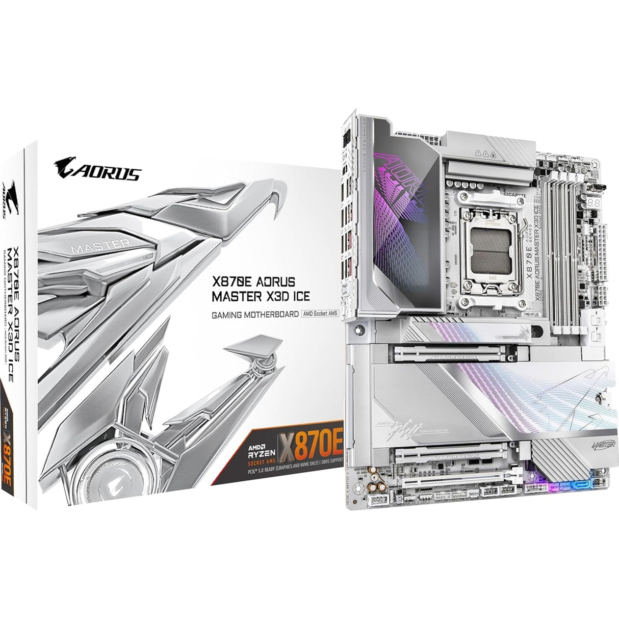 Gigabyte X870E AORUS MASTER X3D ICE AMD AM5 Socket Motherboard, ATX, 4x DDR5 Slots, 5x M.2 Sockets, Fitted I/O Shield, 10GbE LAN, Wi-Fi 7, 1x HDMI Port / 2x USB-C (USB4)