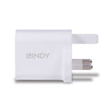 LINDY 73425 30W USB Type A & C Charger UK Plug, 3A, Power Delivery 3.0 + PPS, 2 Output Connectors (USB, 24 pin USB-C), White