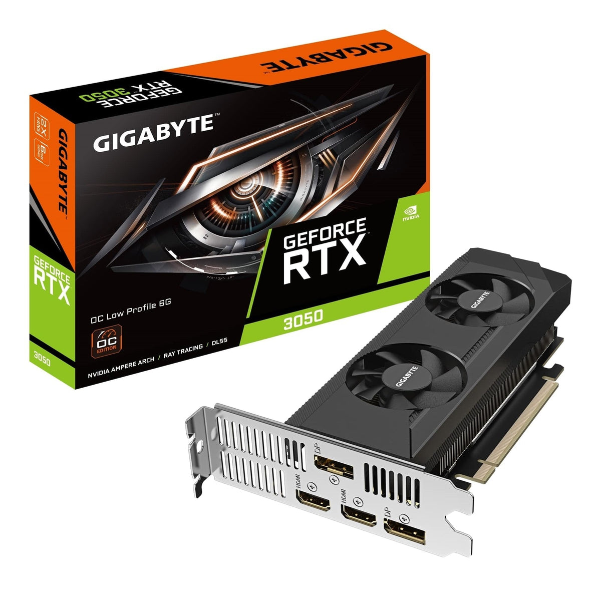Gigabyte NVIDIA GeForce RTX 3050 OC Low Profile 6GB GDDR6 Graphics Card, 2304 CUDA Cores, 1477 MHz Core Clock, Dual Fan, 2x DisplayPorts / 2x HDMI Ports