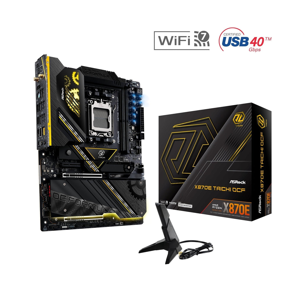 ASRock X870E TAICHI OCF AMD AM5 Socket Motherboard, ATX, 2x DDR5 Slots, 6x M.2 Socket, Fitted I/O Shield, 5GbE LAN, Wi-Fi 7, 1x HDMI Port